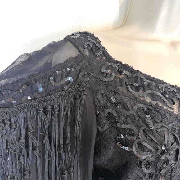 Vintage Black Beaded Fringe Gown Lace Ruched Sequin Cocktail Whimsigoth Dress M - Picture 12 of 17